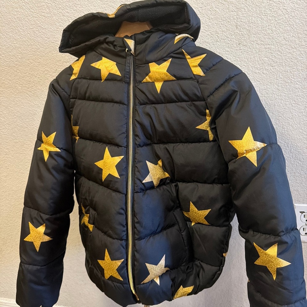 R 1881 by S. Rothschild Girls Hooded Foil Star Print Puffer Jacket Black Gold XL